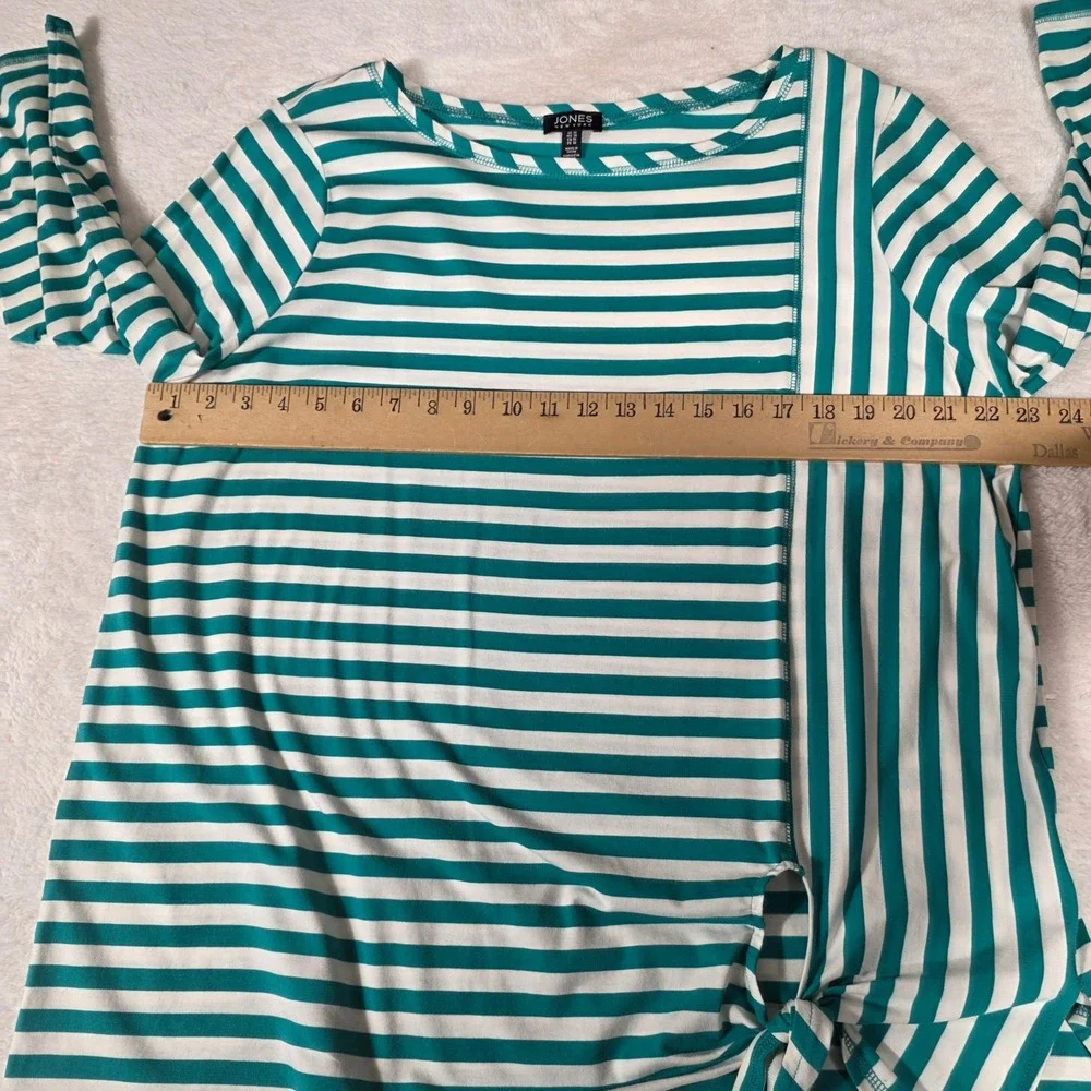 Jones New York Striped Knit Top Womens 1X Teal White Excellent Side Tie - Picture 4 of 8